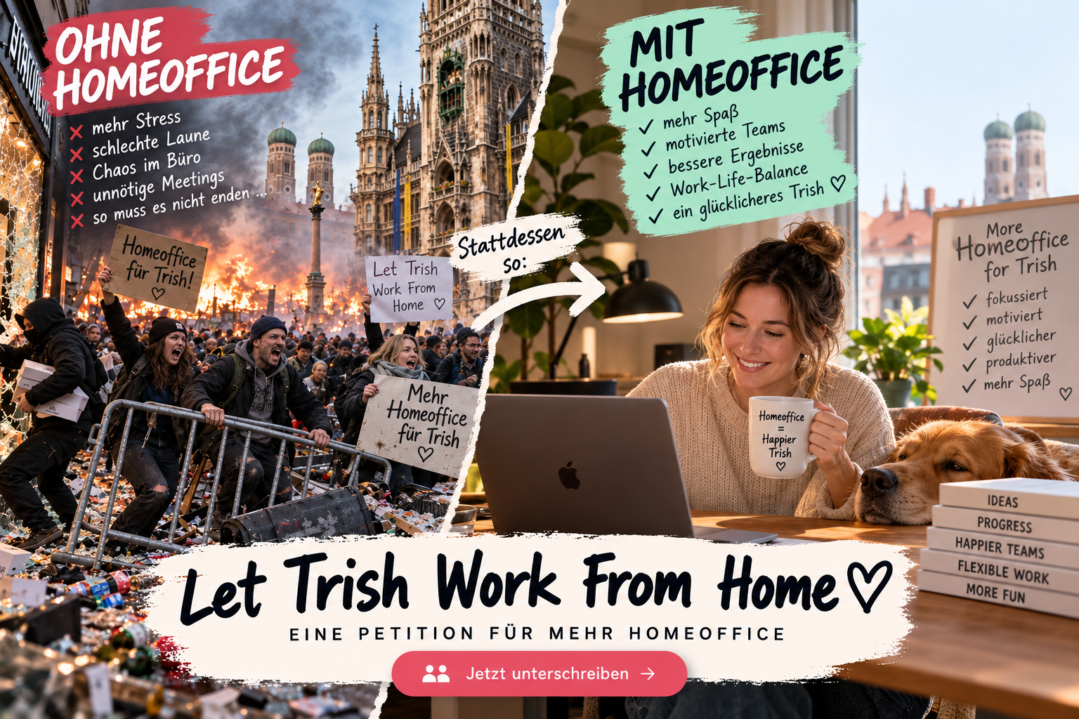 Satirisches Vorher-Nachher-Motiv: Chaos in München ohne Homeoffice und entspannter Arbeitsplatz zu Hause